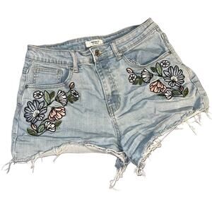 Forever 21 Womens Denim Blue Jean Floral Embroidered Cut Off High Waist Size 28